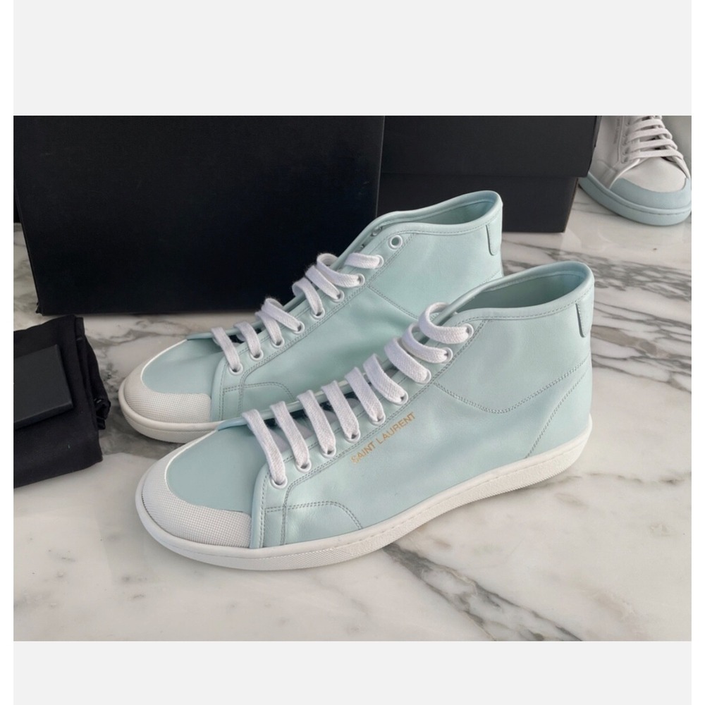 SAINT LAURENT 652773 Men's Blue Leather White Sole High Top Shoes size 42